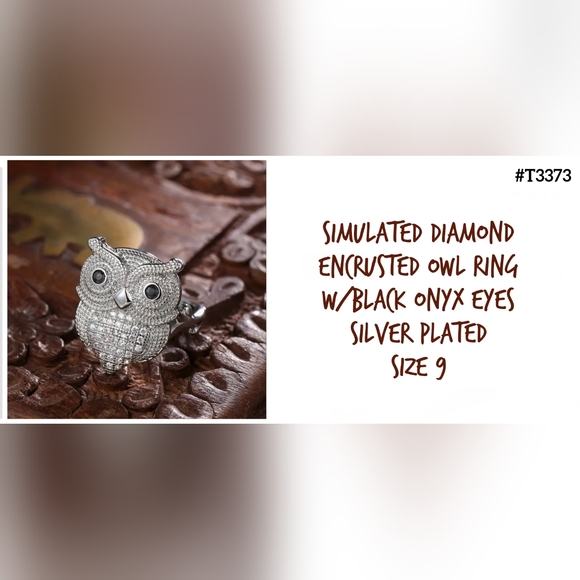 Adorable simulated diamonds & onyx Owl ring, Sz.9 - Picture 1 of 3